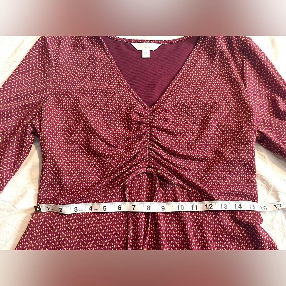 Lauren Conrad Women’s Maroon Midi Dress with Knot Sleeve Size Medium - Picture 8 of 16